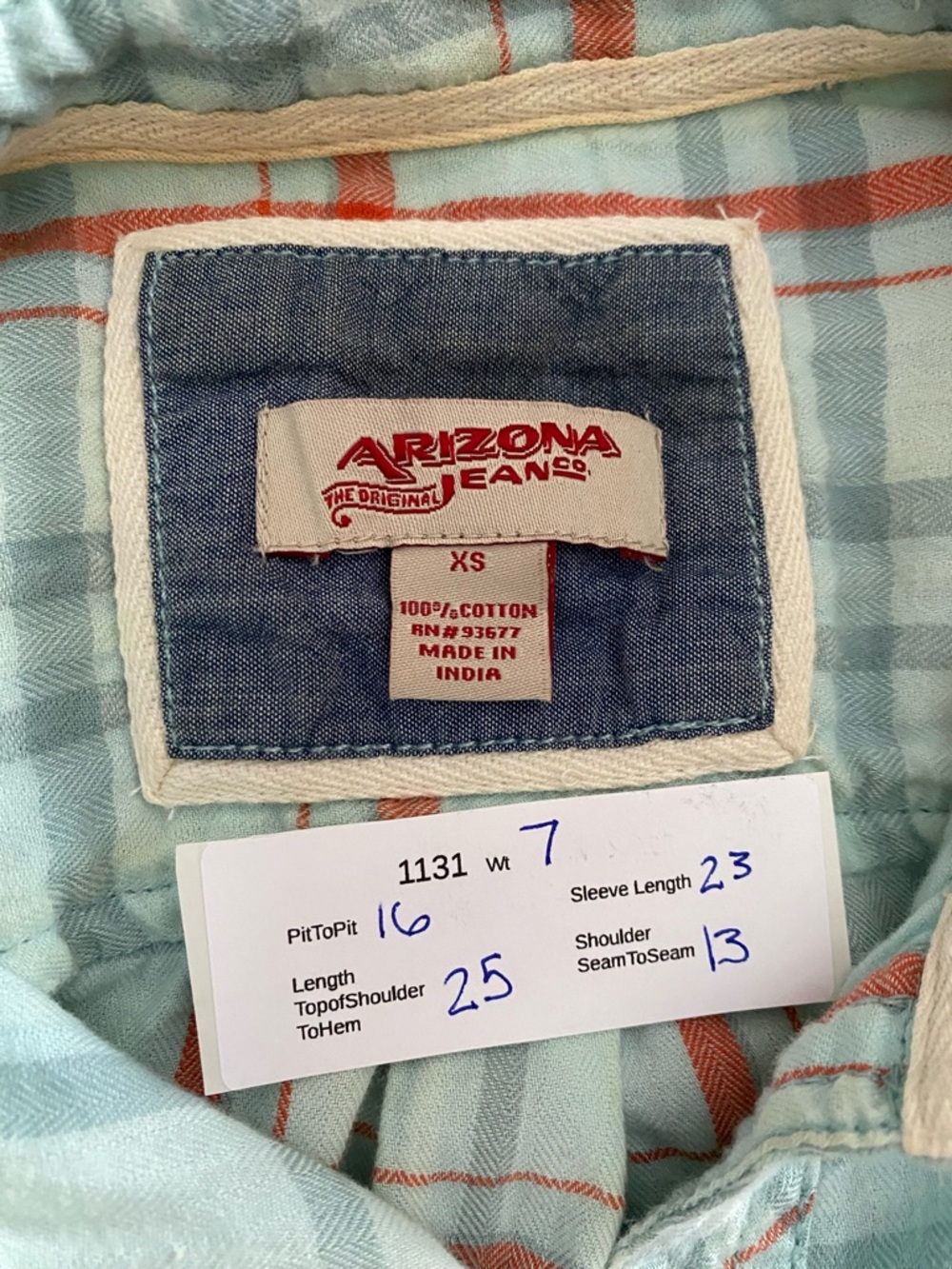 Arizona Jean Company Light Aqua and Orange Plaid Button-Up Shirt - Picture 5 of 9